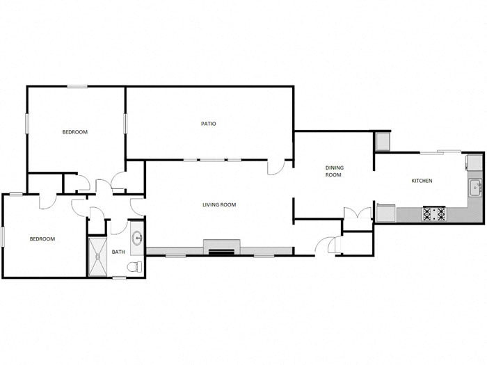 Floor plan for 2 beds, 1 bath, 1010 sqft